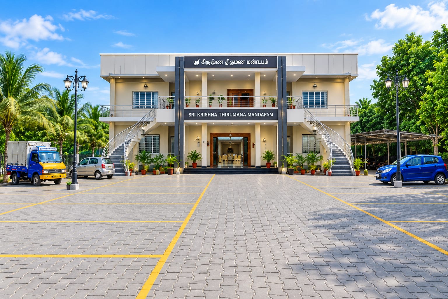 Modern marriage hall exterior with parking area