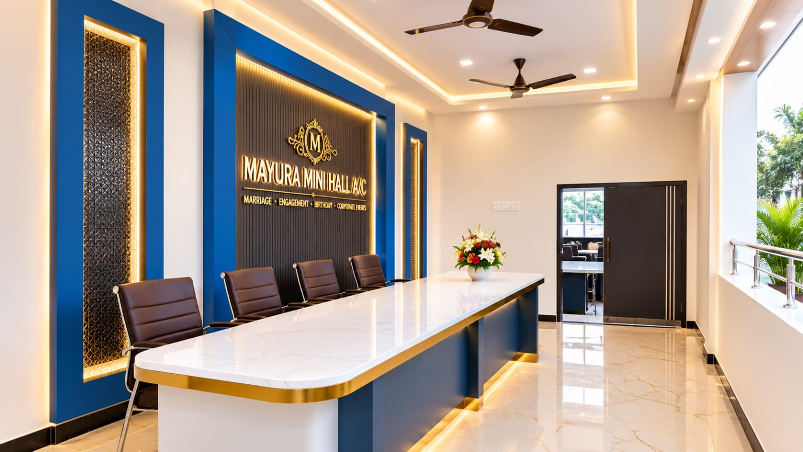 Elegant guest seating arrangement inside a modern function hall