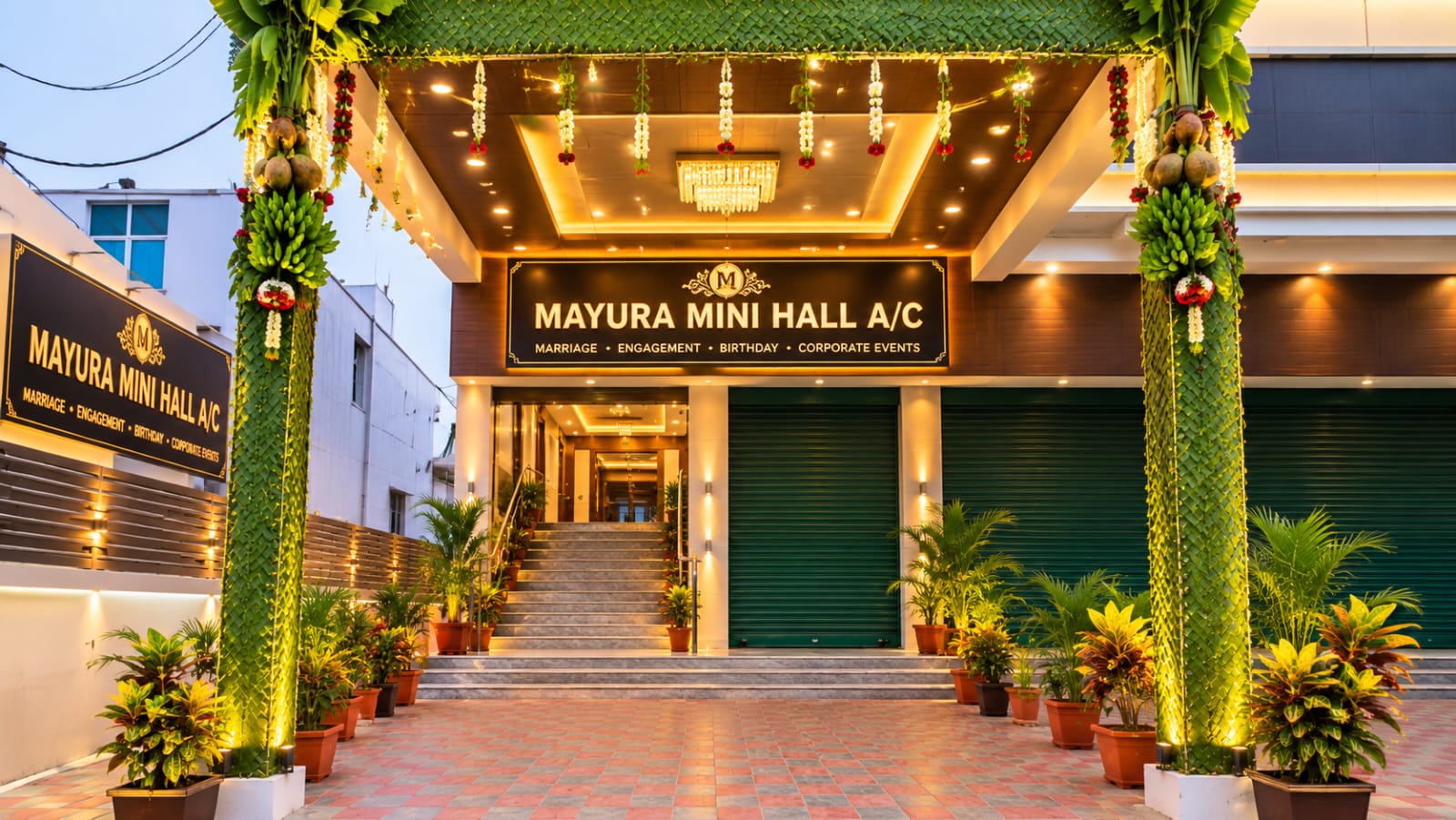 Warmly lit marriage hall interior during an elegant celebration